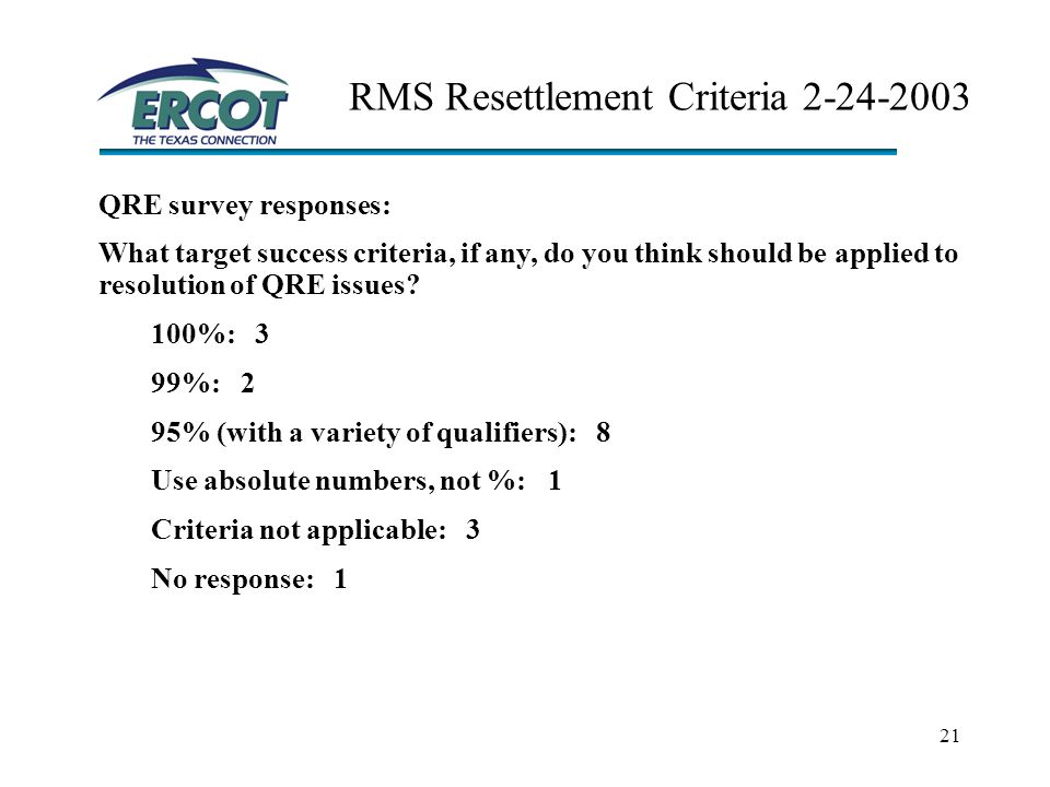 21 RMS Resettlement Criteria QRE survey responses: What target success criteria, if any, do you think should be applied to resolution of QRE issues.
