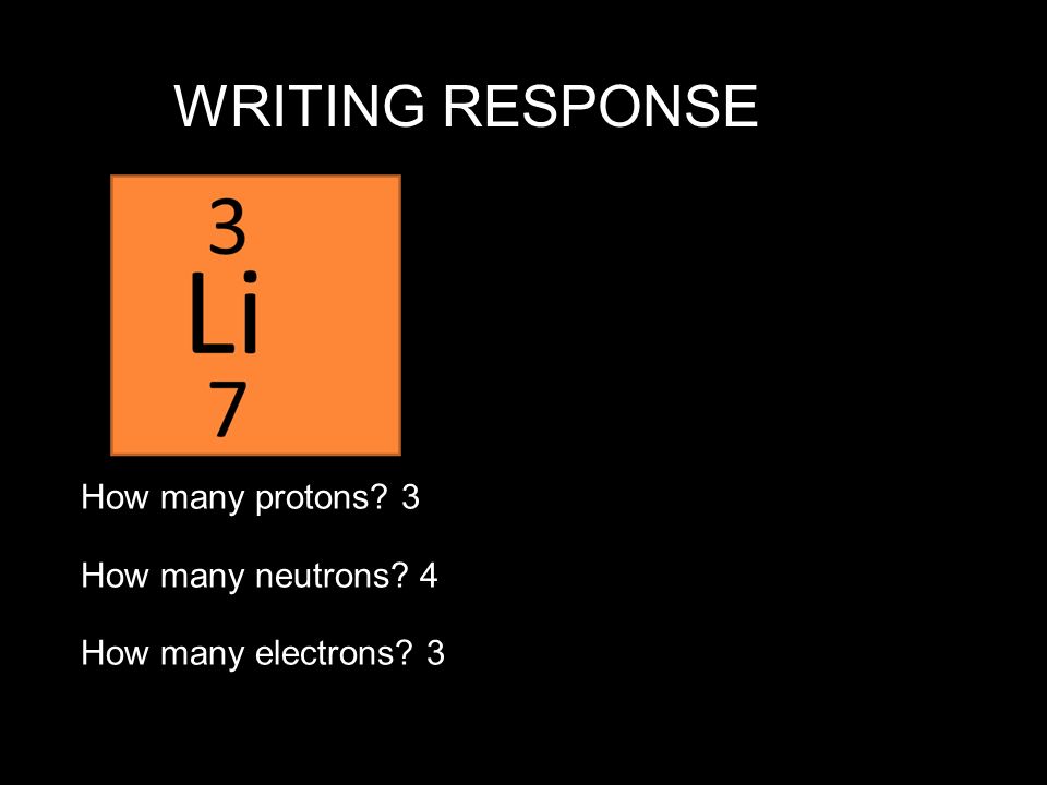 WRITING RESPONSE How many protons 3 How many neutrons 4 How many electrons 3