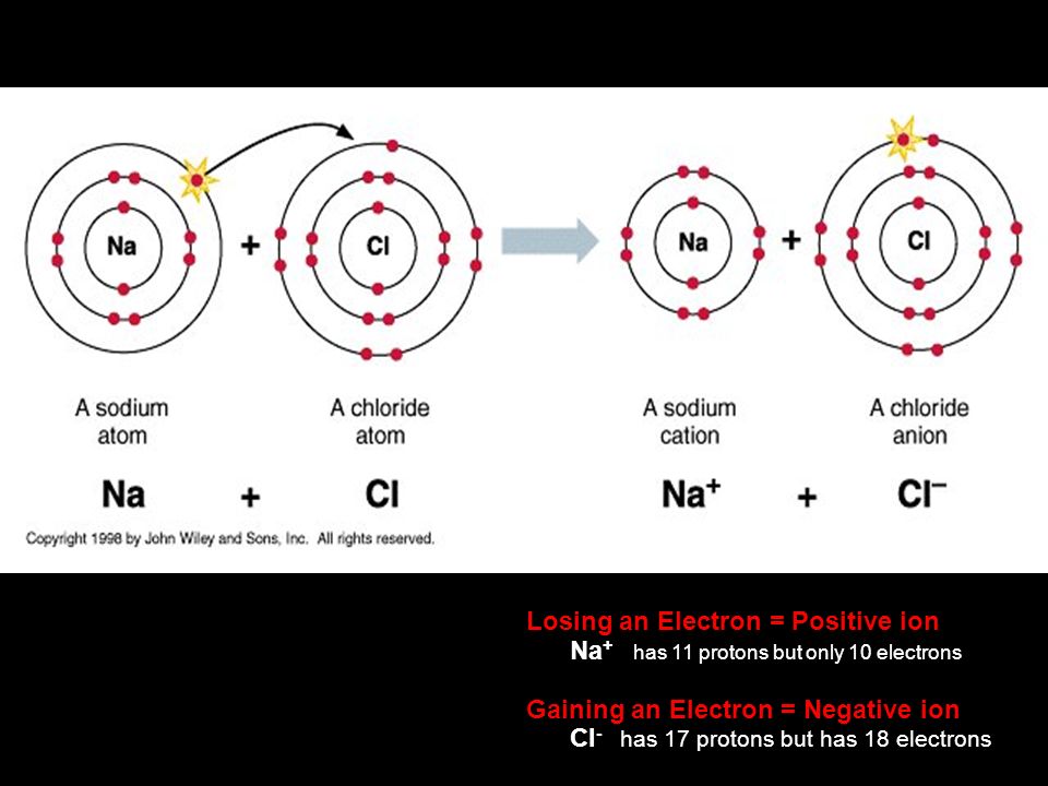 Losing an Electron = Positive ion Na + has 11 protons but only 10 electrons Gaining an Electron = Negative ion Cl - has 17 protons but has 18 electrons
