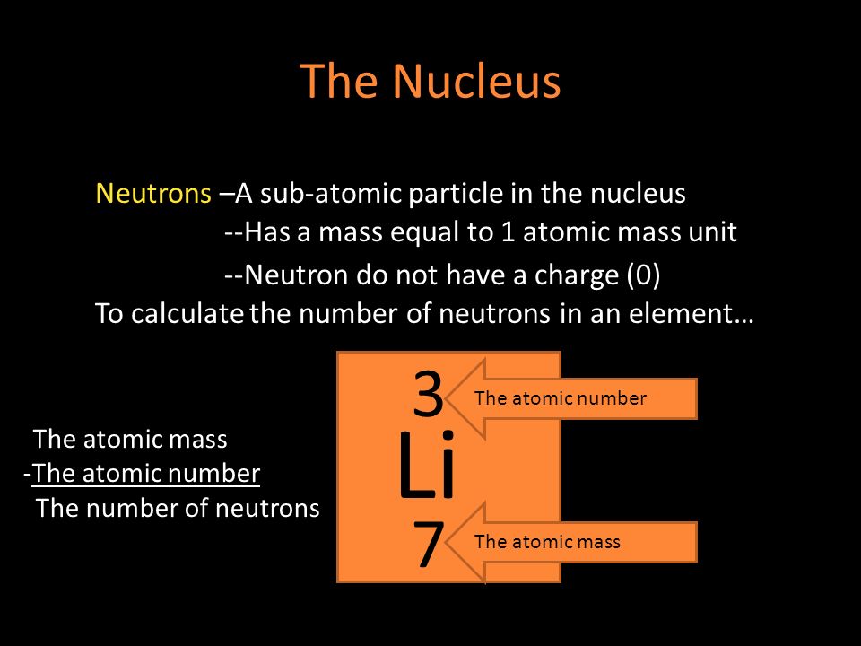 The Nucleus Neutrons –A sub-atomic particle in the nucleus --Has a mass equal to 1 atomic mass unit --Neutron do not have a charge (0) To calculate the number of neutrons in an element… Li 3 7 The atomic number The atomic mass -The atomic number The number of neutrons