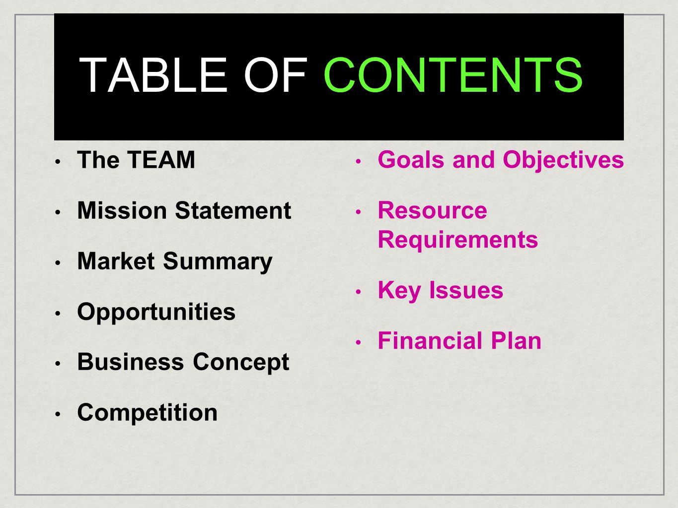 TABLE OF CONTENTS The TEAM Mission Statement Market Summary Opportunities Business Concept Competition Goals and Objectives Resource Requirements Key Issues Financial Plan
