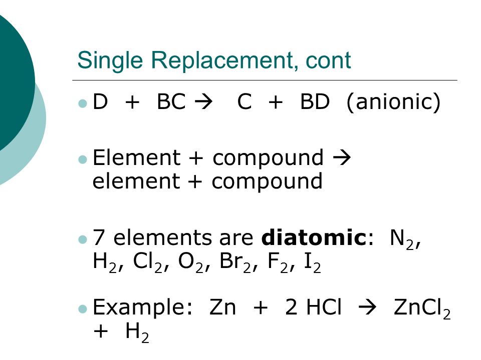 Equations Types Of Reactions Four Major Cl Synthesis 6 Single Replacement Cont D Bc C Bd Anionic Element Compound 7 Elements Are Diatomic N 2 H Cl O Br F