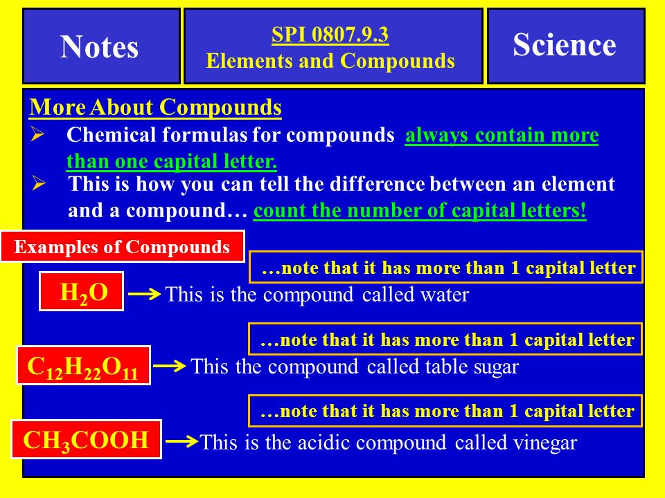 …note that it has more than 1 capital letter Notes SPI Elements and Compounds Science Examples of Compounds H2O H2O C 12 H 22 O 11 CH 3 COOH  Chemical formulas for compounds always contain more than one capital letter.