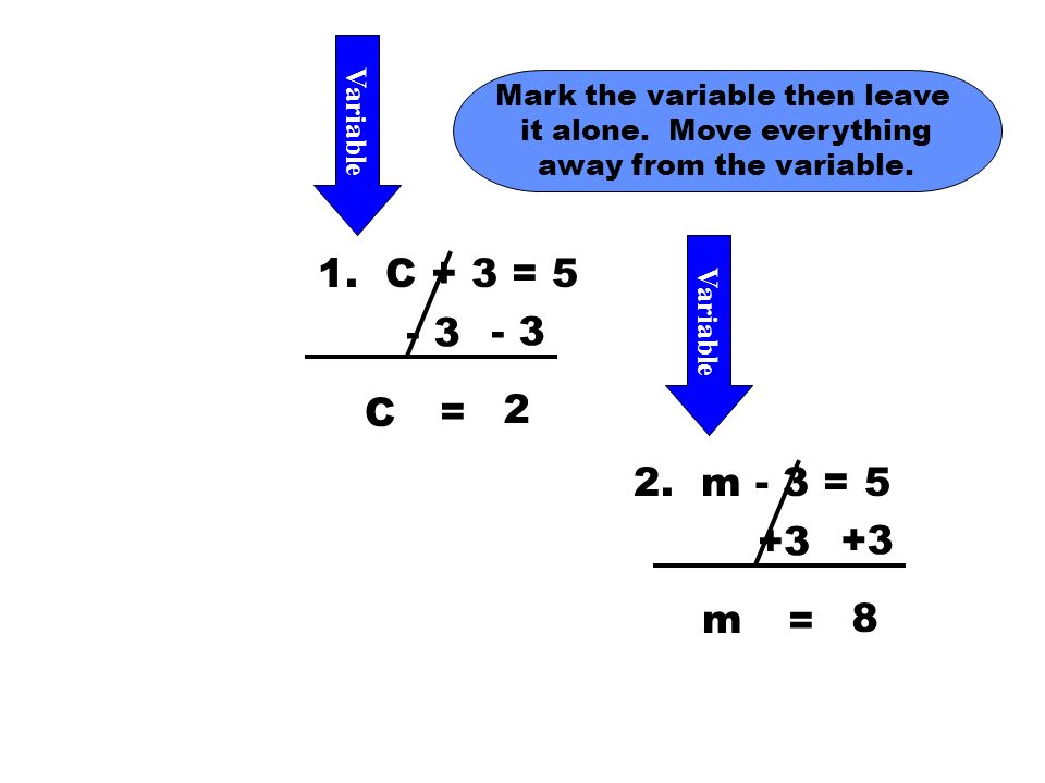 1. C + 3 = 5 Variable Mark the variable then leave it alone.