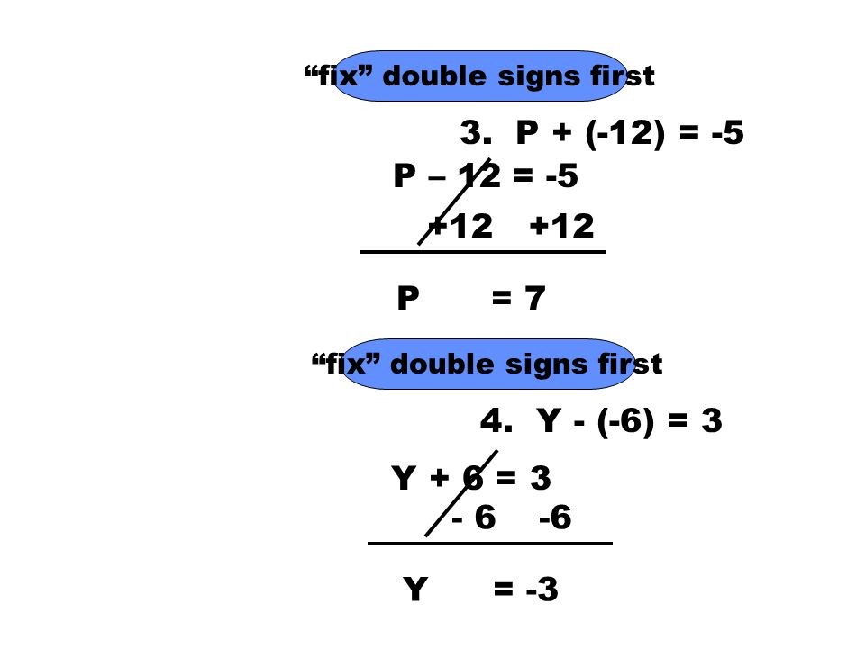 3. P + (-12) = -5 fix double signs first P – 12 = P= 7 4.