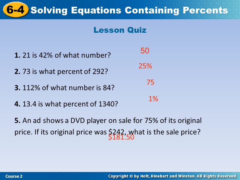 Lesson Quiz is 42% of what number is what percent of 292.