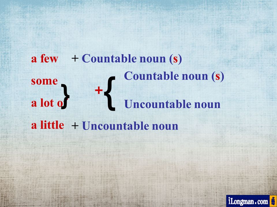 a few some a lot of a little ﹜ ｛ ＋ Countable noun (s) Uncountable noun + Countable noun (s) + Uncountable noun