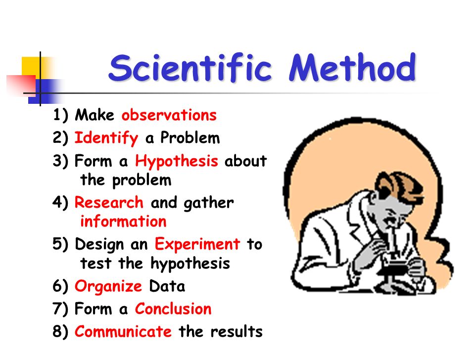Scientific Method 1) Make observations 2) Identify a Problem 3) Form a Hypothesis about the problem 4) Research and gather information 5) Design an Experiment to test the hypothesis 6) Organize Data 7) Form a Conclusion 8) Communicate the results