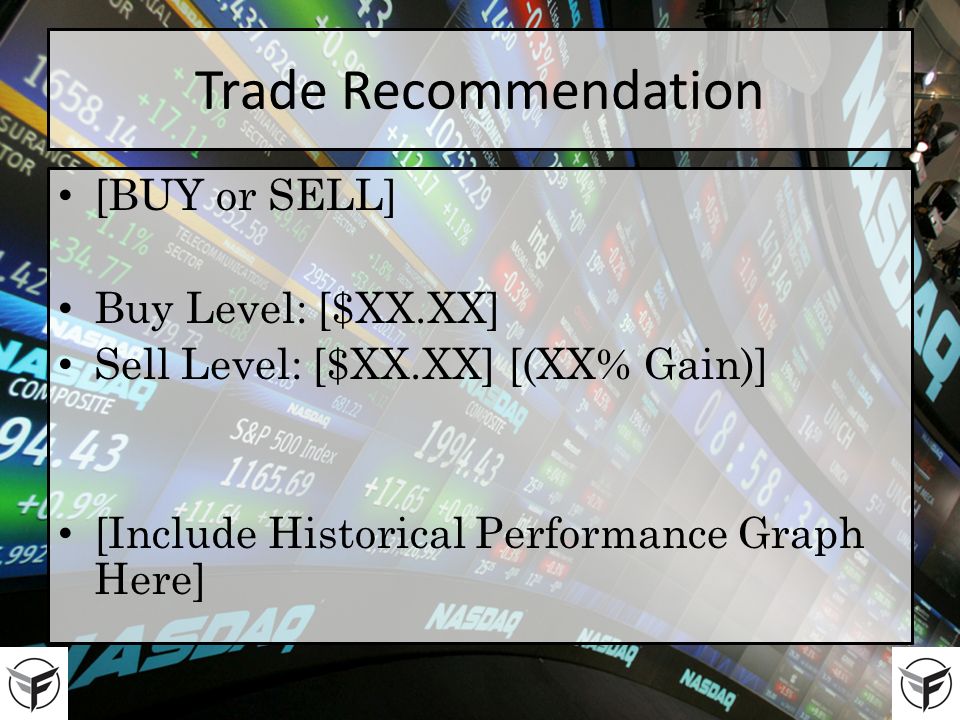 Trade Recommendation [BUY or SELL] Buy Level: [$XX.XX] Sell Level: [$XX.XX] [(XX% Gain)] [Include Historical Performance Graph Here]