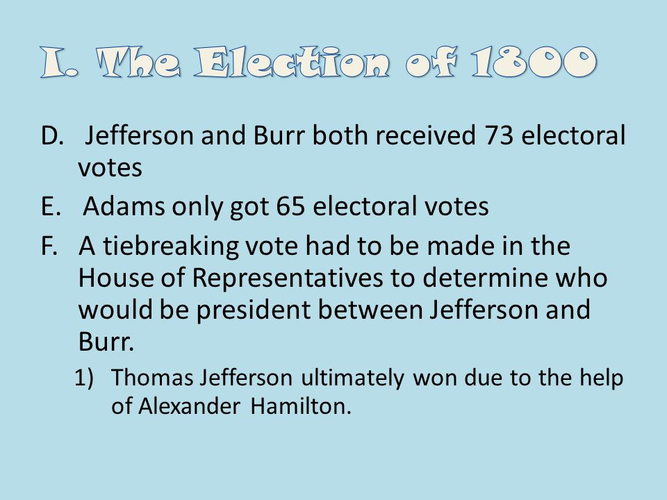 D. Jefferson and Burr both received 73 electoral votes E.
