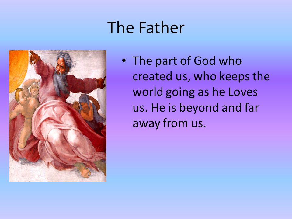 The Father The part of God who created us, who keeps the world going as he Loves us.