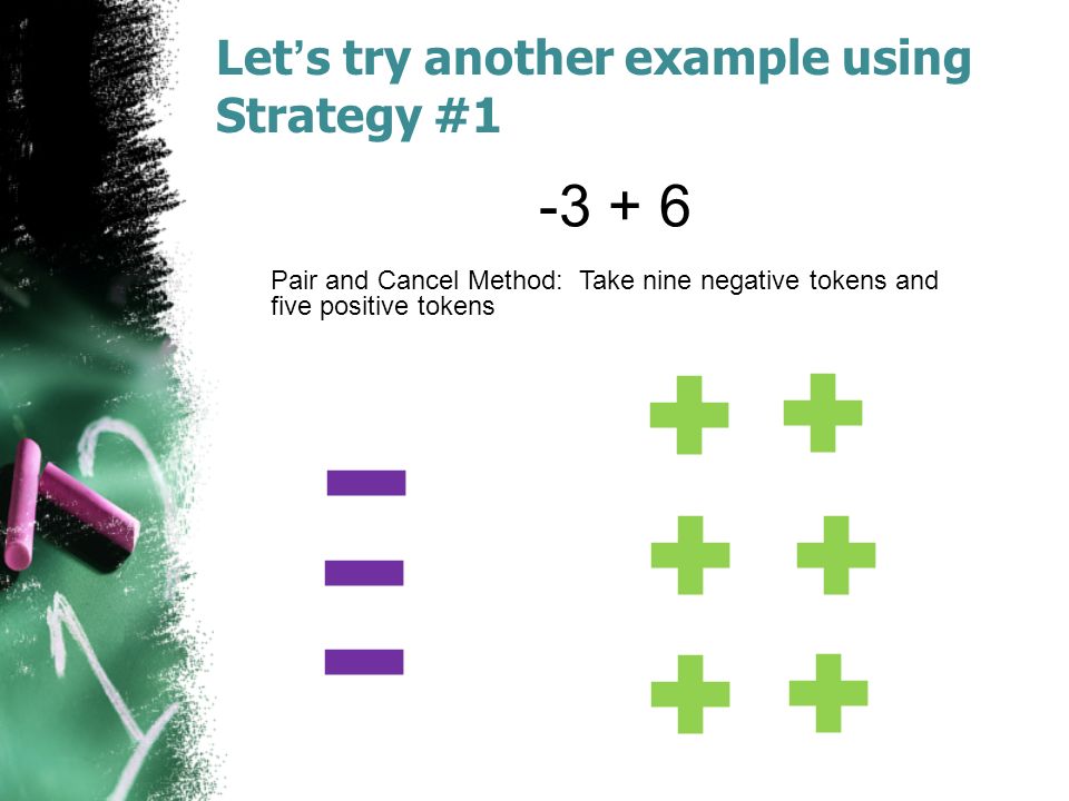 Let’s try another example using Strategy # Pair and Cancel Method: Take nine negative tokens and five positive tokens