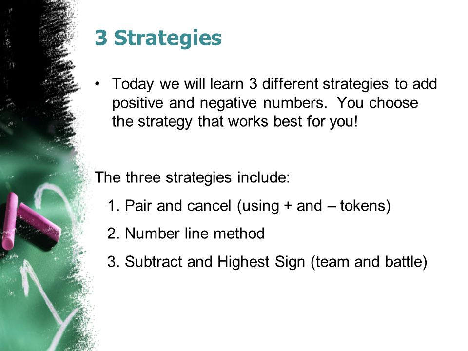 3 Strategies Today we will learn 3 different strategies to add positive and negative numbers.