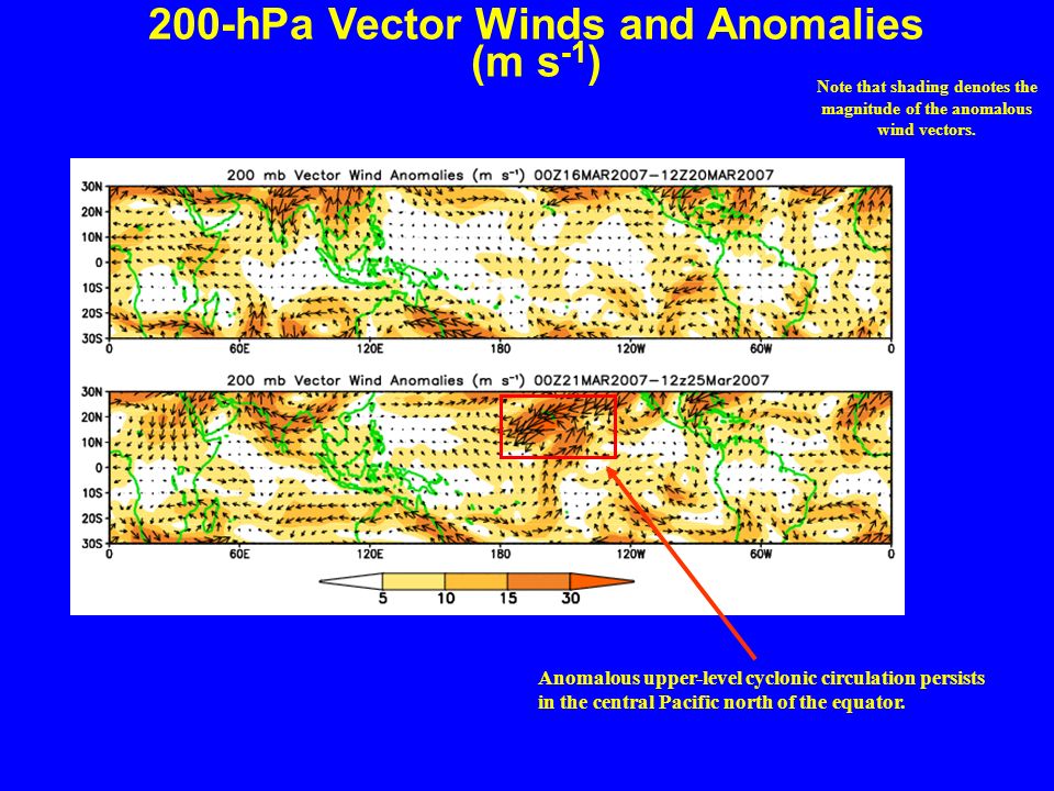 200-hPa Vector Winds and Anomalies (m s -1 ) Note that shading denotes the magnitude of the anomalous wind vectors.