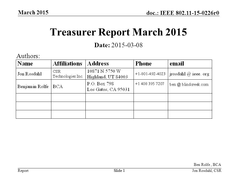 Report doc.: IEEE r0 March 2015 Slide 1Jon Rosdahl, CSRSlide 1 Treasurer Report March 2015 Date: Authors: Ben Rolfe, BCA