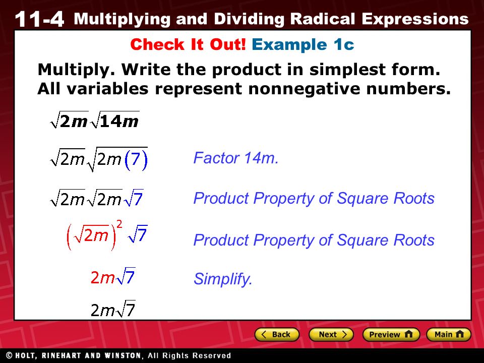 11-4 Multiplying and Dividing Radical Expressions Check It Out.