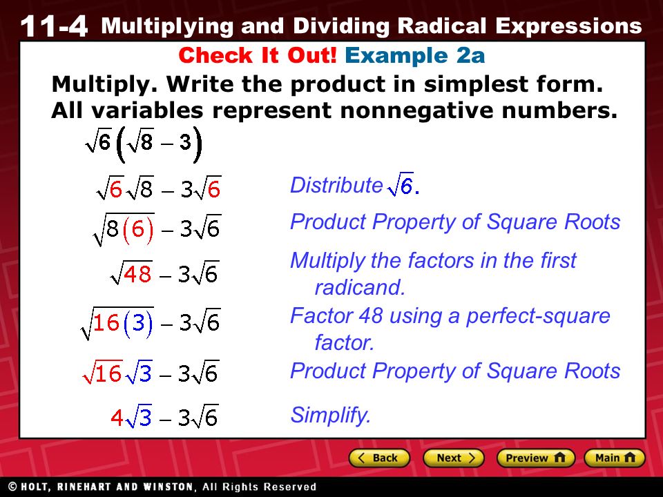 11-4 Multiplying and Dividing Radical Expressions Check It Out.