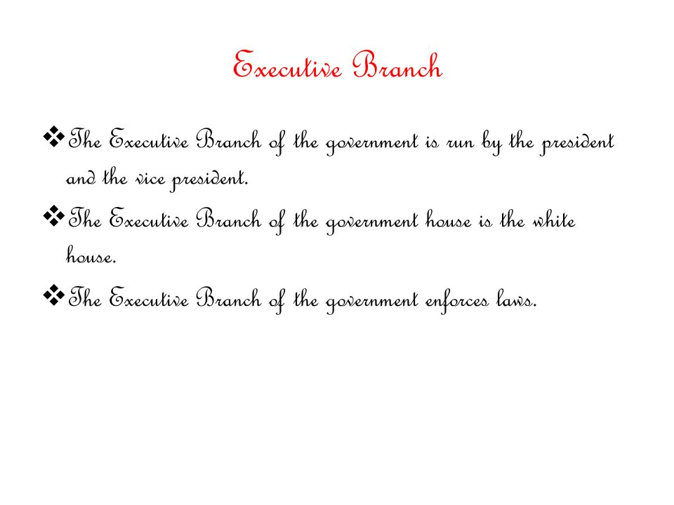 Executive Branch  The Executive Branch of the government is run by the president and the vice president.