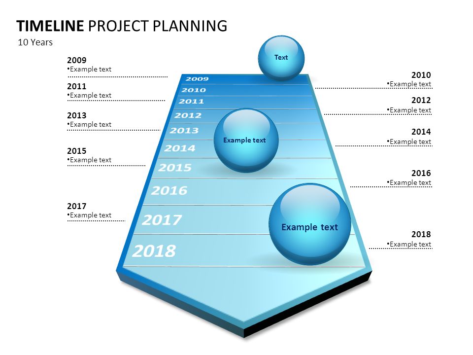 TIMELINE PROJECT PLANNING 10 Years 2009 Example text 2010 Example text 2011 Example text 2012 Example text 2014 Example text 2016 Example text 2013 Example text 2015 Example text 2018 Example text 2017 Example text Text