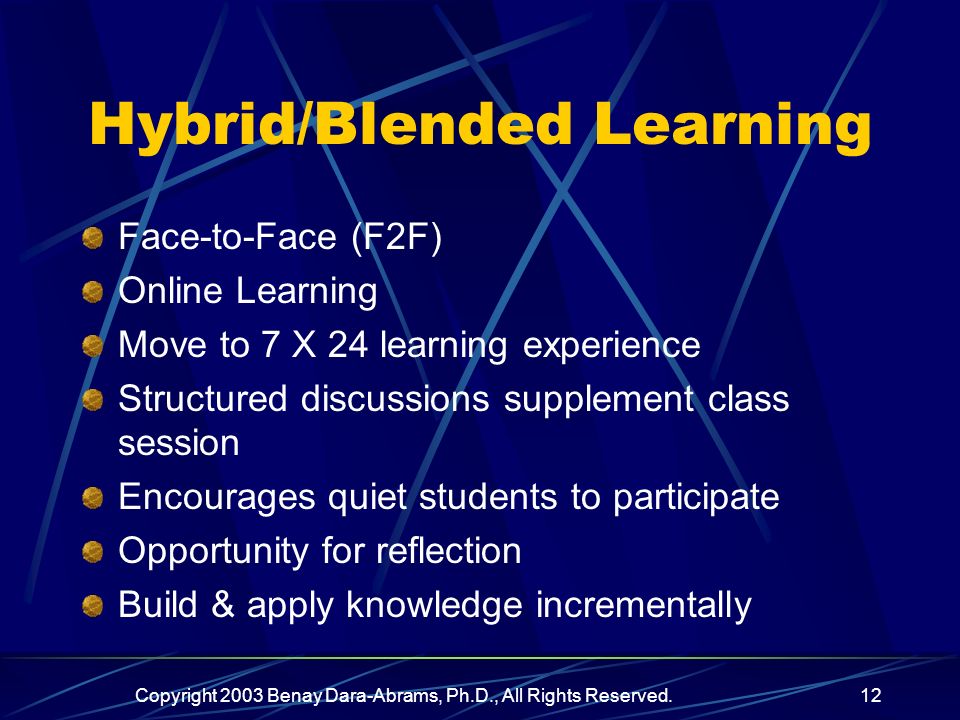 Copyright 2003 Benay Dara-Abrams, Ph.D., All Rights Reserved.12 Hybrid/Blended Learning Face-to-Face (F2F) Online Learning Move to 7 X 24 learning experience Structured discussions supplement class session Encourages quiet students to participate Opportunity for reflection Build & apply knowledge incrementally