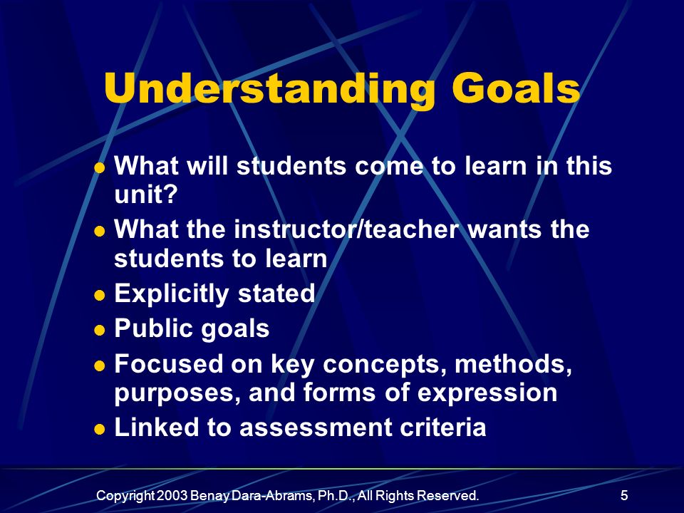 Copyright 2003 Benay Dara-Abrams, Ph.D., All Rights Reserved.5 Understanding Goals What will students come to learn in this unit.