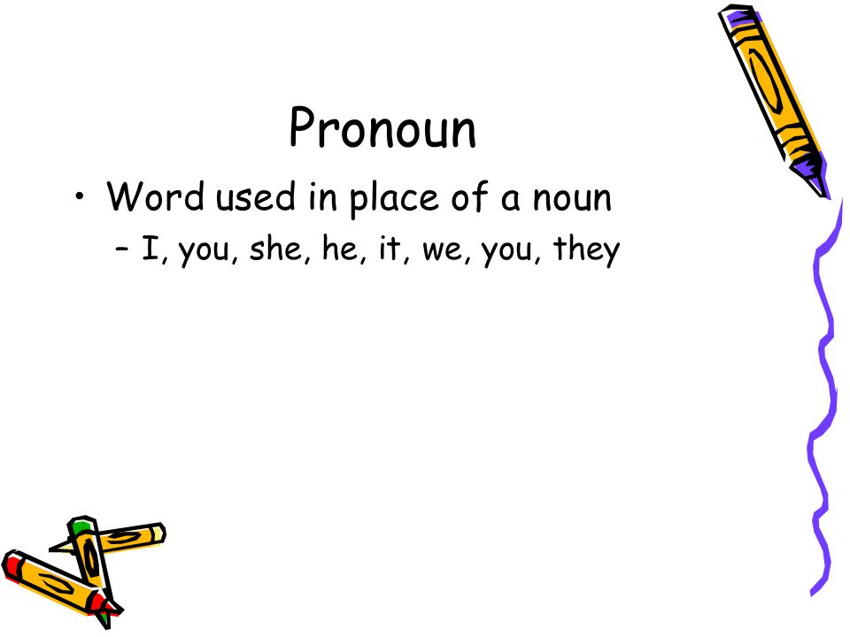 Pronoun Word used in place of a noun –I, you, she, he, it, we, you, they