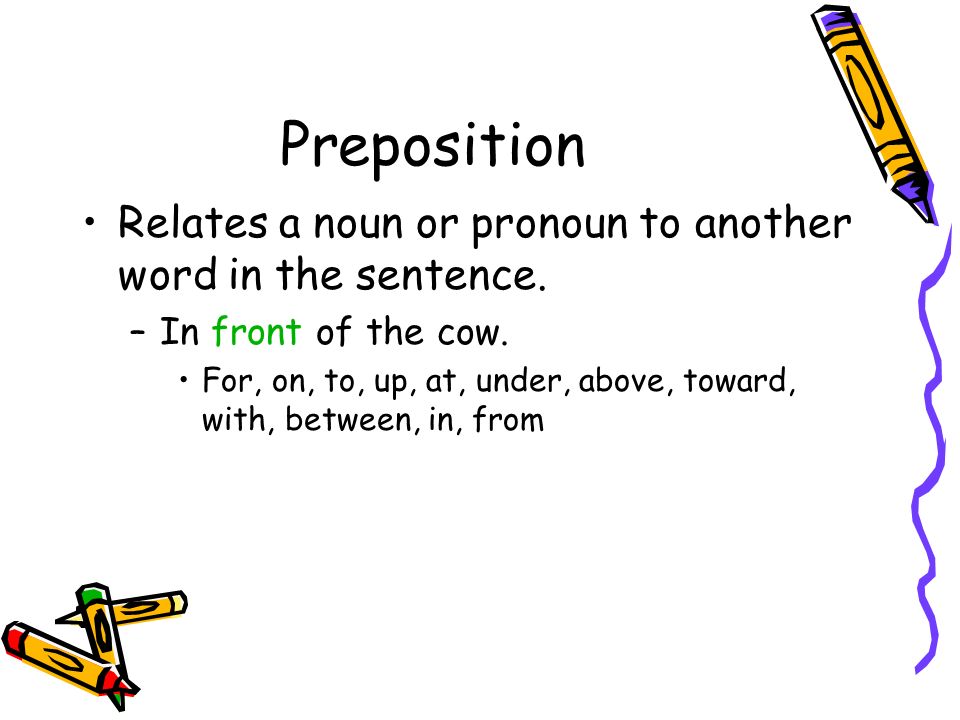 Preposition Relates a noun or pronoun to another word in the sentence.