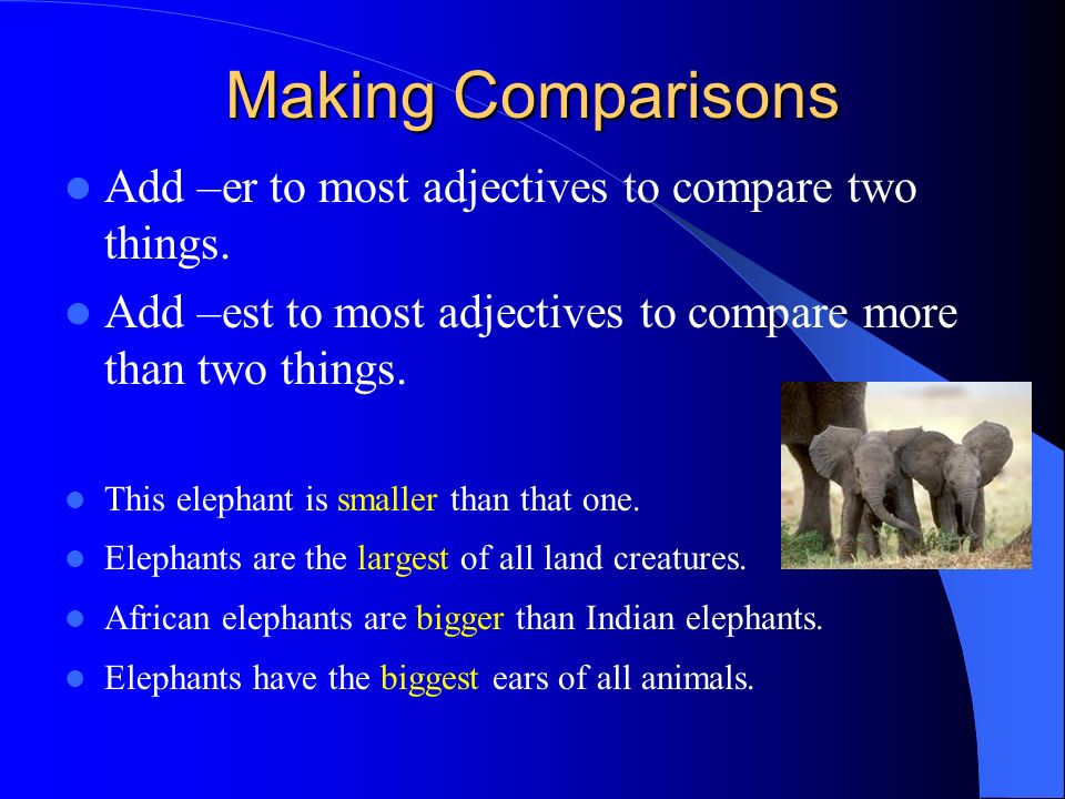 Making Comparisons Add –er to most adjectives to compare two things.