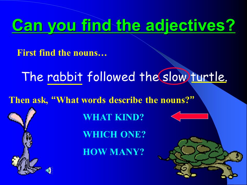Can you find the adjectives. The rabbit followed the slow turtle.