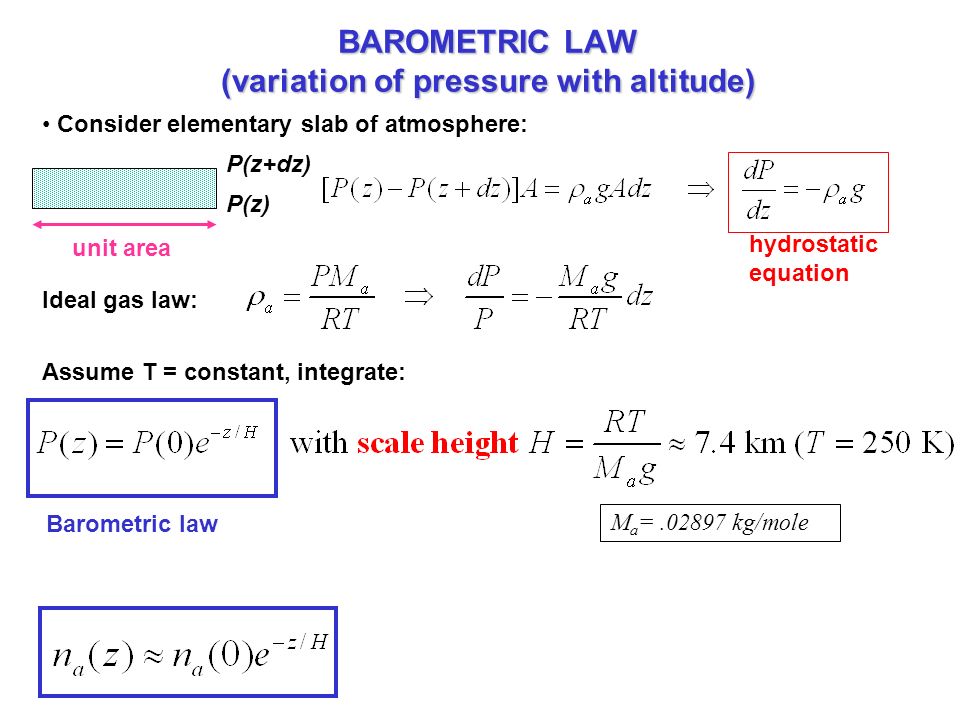Chemistry Concepts Last Class Chemical Thermodynamics Steps Don 8 Barometric Law Variation Of Pressure With Altitude Consider Elementary Slab Atmosphere P Z Dz Hydrostatic Equation Ideal Gas Assume T