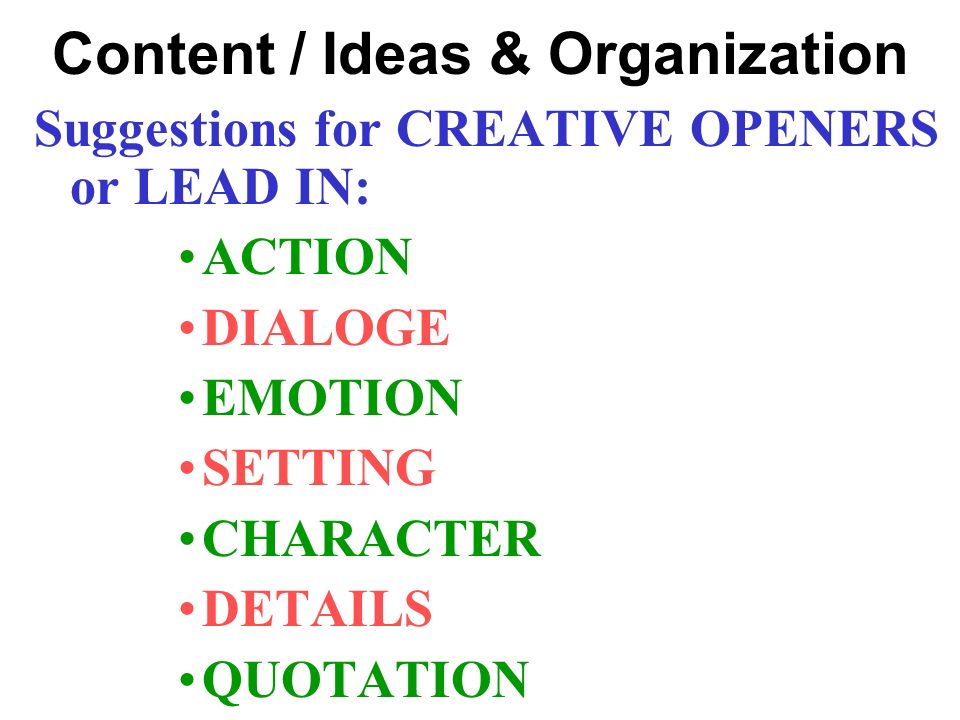 Content / Ideas & Organization Suggestions for CREATIVE OPENERS or LEAD IN: ACTION DIALOGE EMOTION SETTING CHARACTER DETAILS QUOTATION