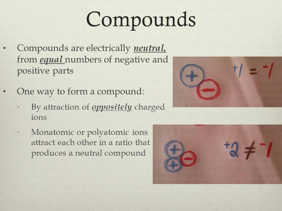 Compounds are electrically neutral, from equal numbers of negative and positive parts One way to form a compound: By attraction of oppositely charged ions Monatomic or polyatomic ions attract each other in a ratio that produces a neutral compound Compounds