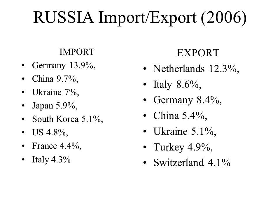 RUSSIA Import/Export (2006) IMPORT Germany 13.9%, China 9.7%, Ukraine 7%, Japan 5.9%, South Korea 5.1%, US 4.8%, France 4.4%, Italy 4.3% EXPORT Netherlands 12.3%, Italy 8.6%, Germany 8.4%, China 5.4%, Ukraine 5.1%, Turkey 4.9%, Switzerland 4.1%
