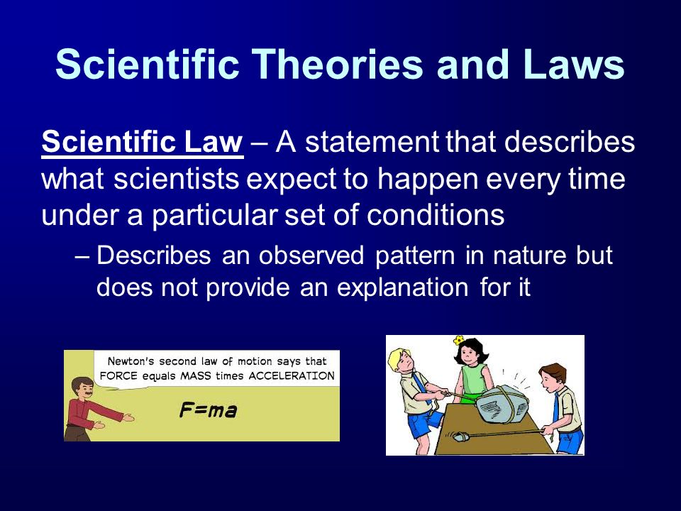 Scientific Theories and Laws Scientific Law – A statement that describes what scientists expect to happen every time under a particular set of conditions –Describes an observed pattern in nature but does not provide an explanation for it