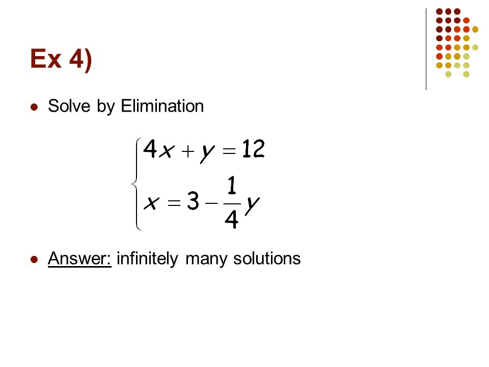 Ex 4) Solve by Elimination Answer: infinitely many solutions