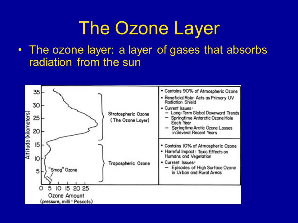 The Ozone Layer The ozone layer: a layer of gases that absorbs radiation from the sun