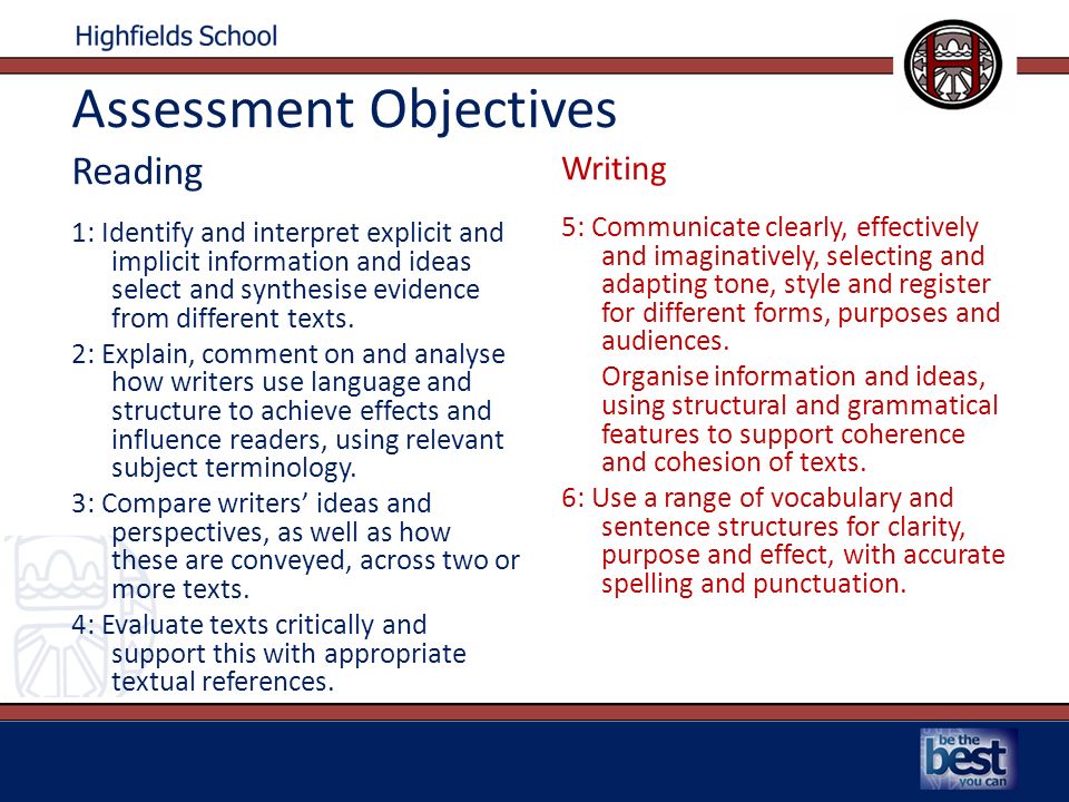 Assessment Objectives Reading 1: Identify and interpret explicit and implicit information and ideas select and synthesise evidence from different texts.