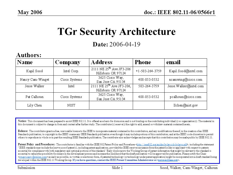 doc.: IEEE /0566r1 Submission May 2006 Sood, Walker, Cam-Winget, CalhounSlide 1 TGr Security Architecture Notice: This document has been prepared to assist IEEE