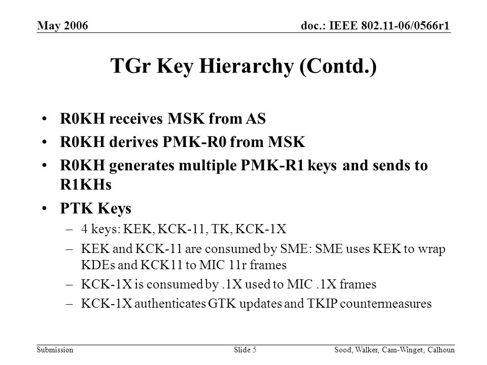 doc.: IEEE /0566r1 Submission May 2006 Sood, Walker, Cam-Winget, CalhounSlide 5 TGr Key Hierarchy (Contd.) R0KH receives MSK from AS R0KH derives PMK-R0 from MSK R0KH generates multiple PMK-R1 keys and sends to R1KHs PTK Keys –4 keys: KEK, KCK-11, TK, KCK-1X –KEK and KCK-11 are consumed by SME: SME uses KEK to wrap KDEs and KCK11 to MIC 11r frames –KCK-1X is consumed by.1X used to MIC.1X frames –KCK-1X authenticates GTK updates and TKIP countermeasures