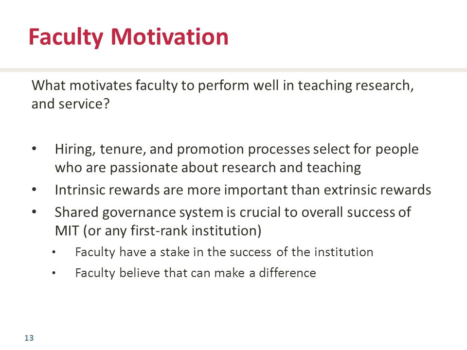 13 What motivates faculty to perform well in teaching research, and service.