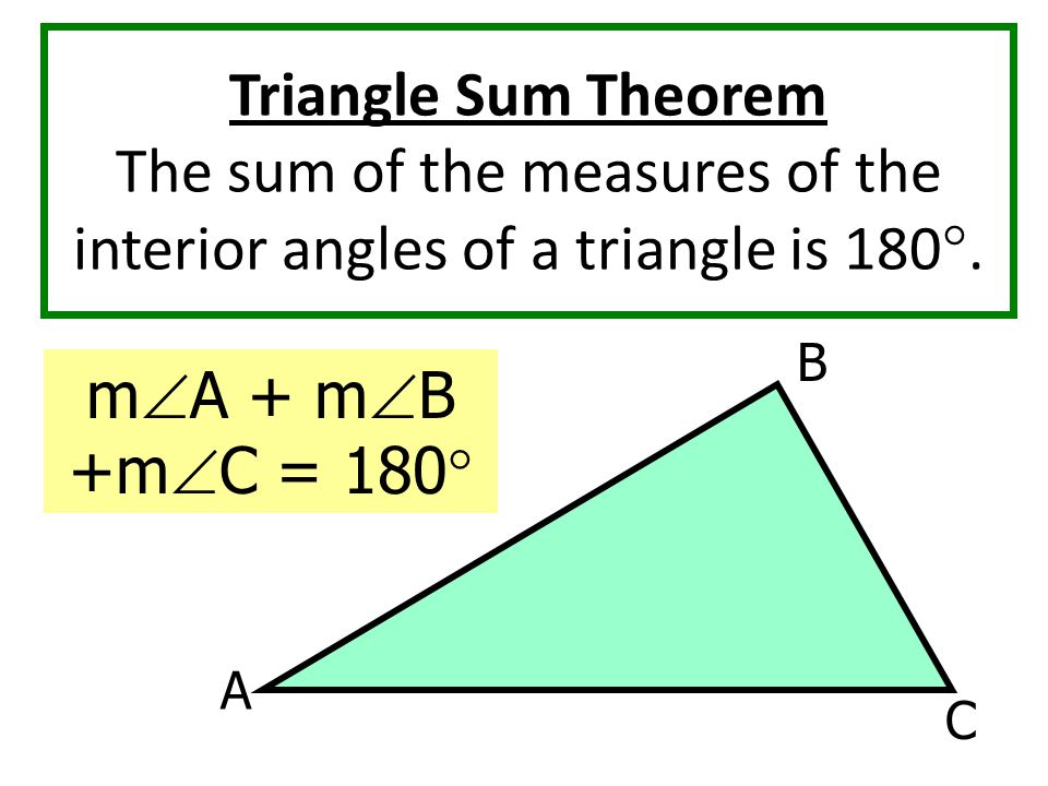 Triangle Sum Theorem The sum of the measures of the interior angles of a triangle is 180°.