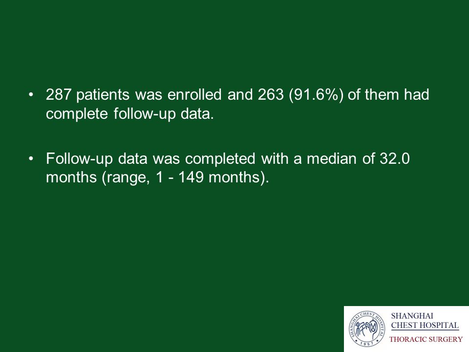 287 patients was enrolled and 263 (91.6%) of them had complete follow-up data.