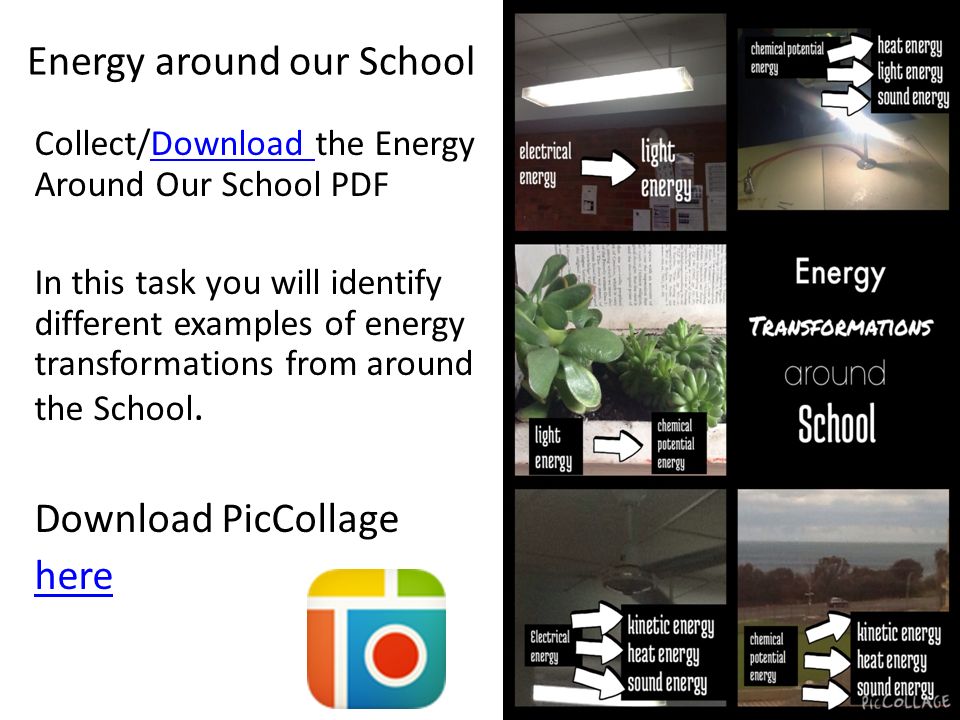 Energy around our School Collect/Download the Energy Around Our School PDFDownload In this task you will identify different examples of energy transformations from around the School.