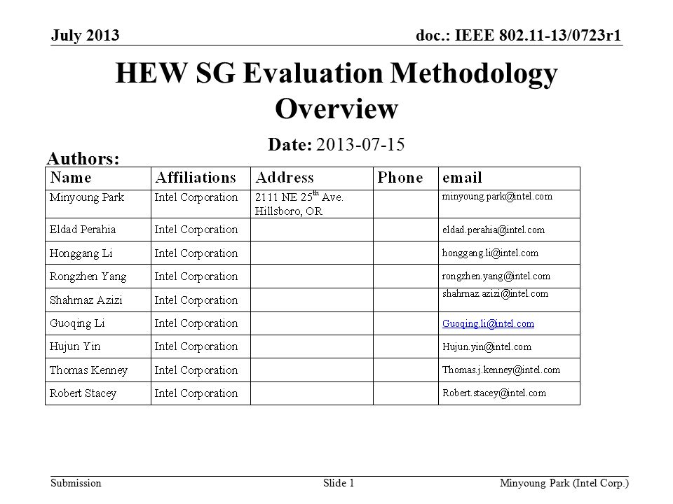 doc.: IEEE /0723r1 SubmissionSlide 1 HEW SG Evaluation Methodology Overview Date: Authors: Minyoung Park (Intel Corp.) July 2013