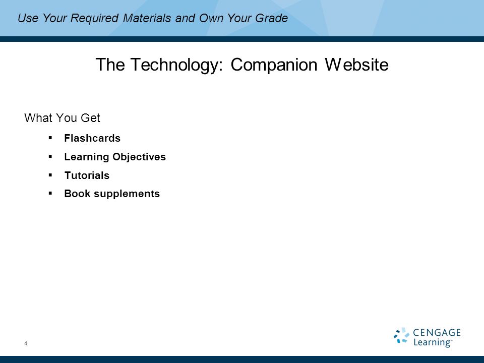 4 The Technology: Companion Website What You Get  Flashcards  Learning Objectives  Tutorials  Book supplements Use Your Required Materials and Own Your Grade