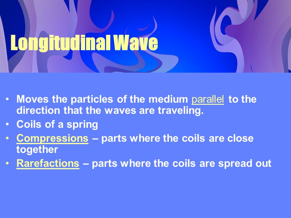 Longitudinal Wave Moves the particles of the medium parallel to the direction that the waves are traveling.
