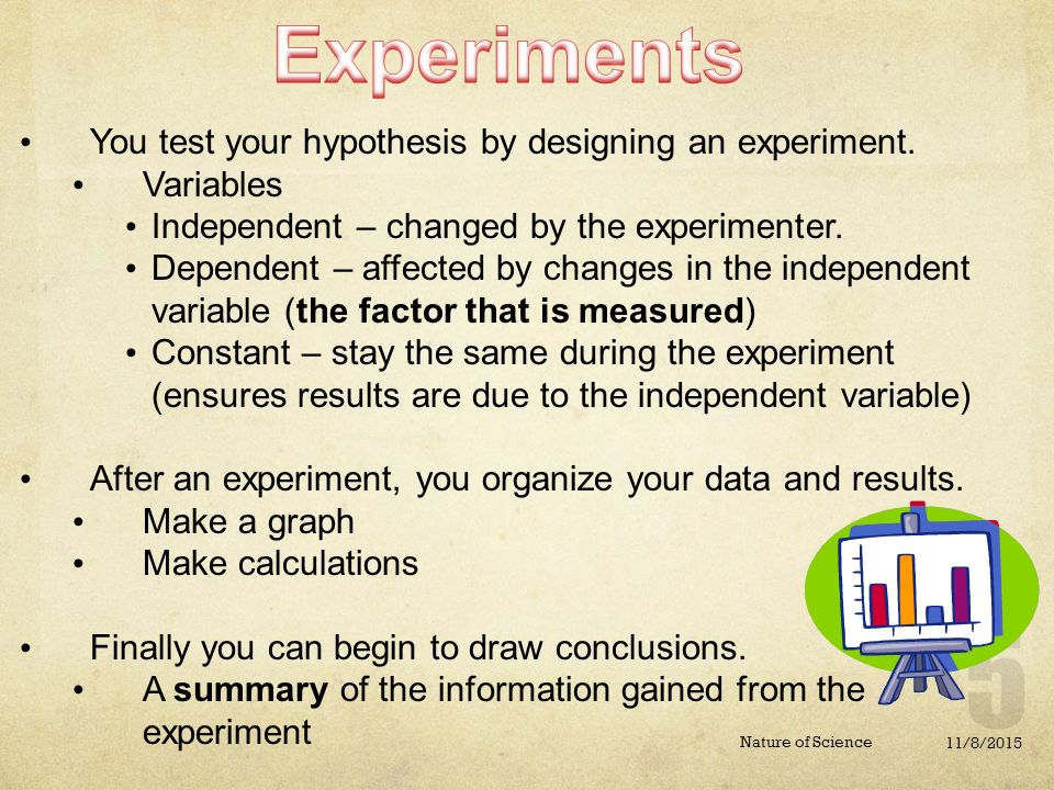 11/8/2015 Nature of Science You test your hypothesis by designing an experiment.
