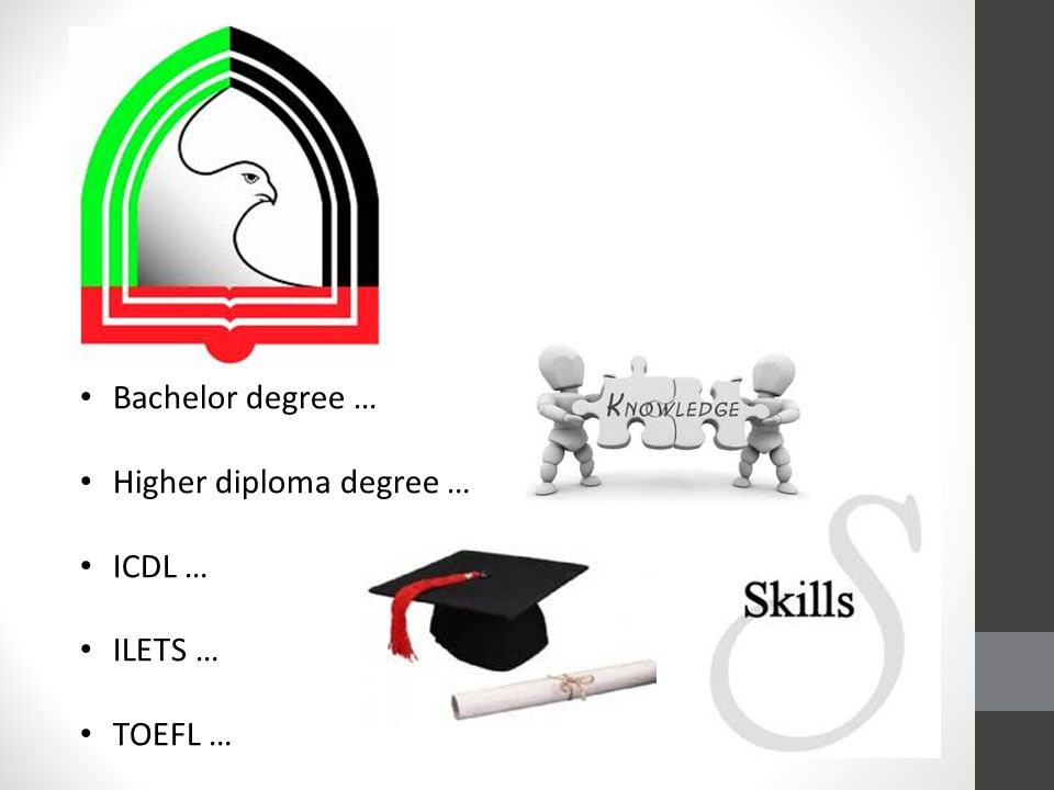 Bachelor degree … Higher diploma degree … ICDL … ILETS … TOEFL …