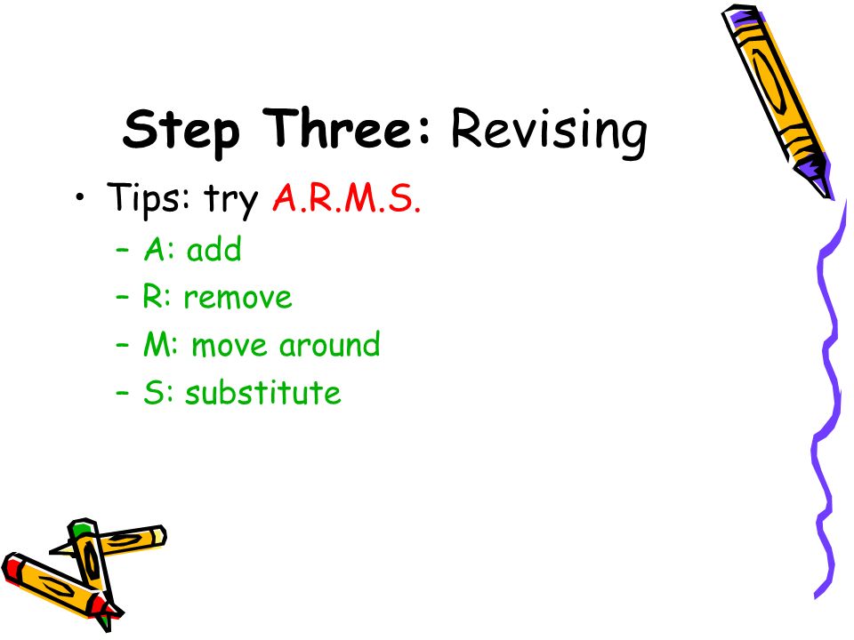 Step Three: Revising Tips: try A.R.M.S. –A: add –R: remove –M: move around –S: substitute