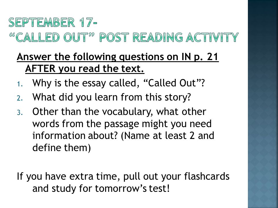Answer the following questions on IN p. 21 AFTER you read the text.